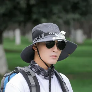 Outdoor men sun protection fisherman hat with clip-on fan wide brim grey summer fishing cap