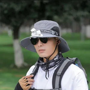 Grey outdoor sun hat with built-in fan wide brim summer anti-UV fishing cap for men hiking camping