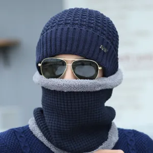 Winter men knit beanie and neck warmer set fleece lined thick warm outdoor cycling blue.