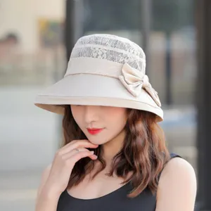 Vrouwen ademende zonbescherming vissershoed stijlvolle casual beige kant strik hoed