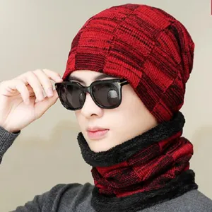 Herren Winter warme Strickmütze und Schal Set rot schwarz kariert gefleckt Plüsch dick