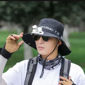 Men Minimalist Polyester Bucket Hat With USB Mini Fan Wide Brim Breathable Sun Protection Outdoor Fishing Hiking Cap