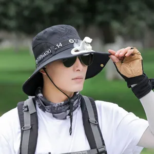 Detailed view of mens outdoor sun hat with fan, wide brim fishing cap for summer uv protection.