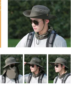 Detail view of outdoor sun protection fishing hat with breathable mesh and face flap.
