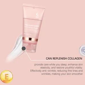 Masque de nuit collagène en détail montrant texture gel lisse et bienfaits pour la peau.