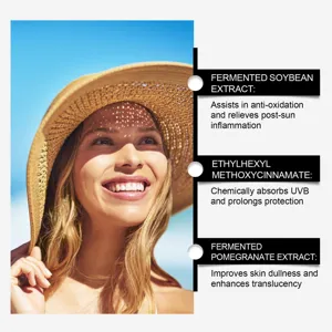 Detail de creme solaire avec extrait de sojafermente et protection UV efficace pour la peau.