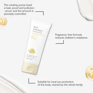 Vue détaillée du tube de crème solaire aux haricots Hanchobit avec SPF 50 et pompe rotative.