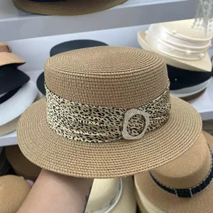 Sombrero de Paja de Papel Minimalista para Mujer Cinta de Leopardo Hebilla de Metal Parte Superior Plana Ala Ancha Protección S Sabor Diamante de Imitación Sombrero de Paja para Vacaciones en la Playa