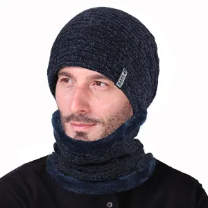 Men Winter Warm Knitted Beanie Hat and Fleece Lined Neck Warmer Set for Outdoor Sports