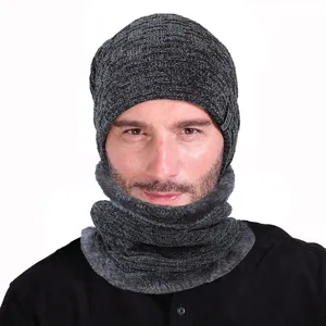 Men winter knit beanie hat and fleece neck warmer set outdoor ski warm thick cap.