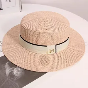Women summer straw hat flat top boater hat beach sunhat with M metal logo ribbon chic