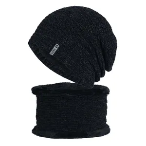 Winter black knitted beanie and thick fleece lined neck warmer set, product detail view.