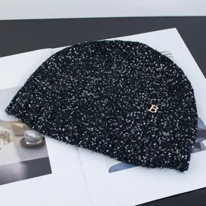 Elegant Sequined Knit Beanie Hat For Women Soft Polyester Warm Winter Bonnet Cap With Rhinestone Bowknot Ornament For Party