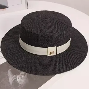 Black straw boater hat for women summer beach elegant flat top sun hat with white ribbon.