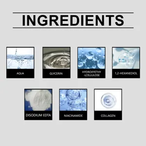 Dettagli degli ingredienti del siero viso con componenti attivi come niacina e collagene.