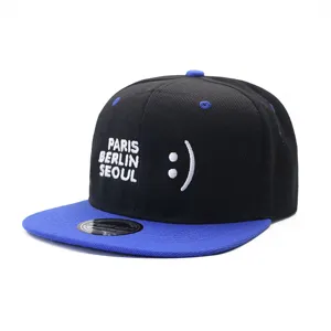 Black and blue flat brim baseball cap with stylish embroidery and street hip-hop design.