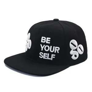 Macro detail of black American street style flat brim cap with 3D embroidery text