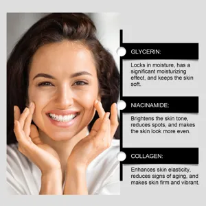 Vista dettagliata che mostra ingredienti attivi per la cura della pelle e benefici del siero.