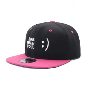 Men's flat brim baseball cap street style hip hop hat with cute smile embroidery and pink brim.