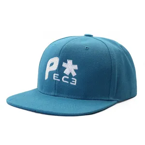 Cyan flat brim baseball cap with stylish white embroidery front, hip hop streetwear style.