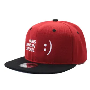 Red black flat brim baseball hat street style hip hop cap with embroidery and smiley face