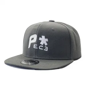 Close-up detail of the grey flat brim baseball cap showing front white embroidery and brim sticker.