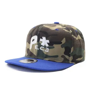 Detailed view of the camouflage snapback baseball cap with embroidered letters and flat blue brim.