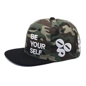 Detailed view of American street style camouflage cap with 3D white embroidered letters.