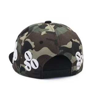 Back detail of camouflage baseball cap with white 3D embroidery and snapback closure
