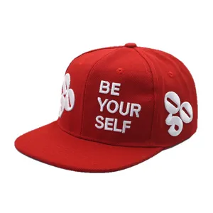 Stylish red flat brim baseball cap with 3D white BE YOUR SELF embroidery for street fashion