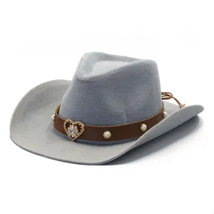 Dames Vintage Denim Cowboy Hoed Westerse Fedora Zonnehoed Strass Parel Versierd Mode Outdoor Hoofddeksel