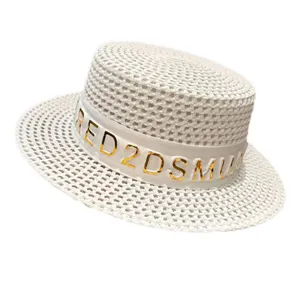 Cappello di paglia piatto estivo da donna cappello da sole da spiaggia cavo con nastro