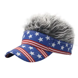 Funny American Flag Novelty Hair Visor Hat with Spiked Fake Hair Baseball Cap Party Wear