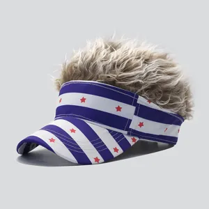 Funny wig baseball cap with blue white stripes and red stars novelty hair visor hat for party
