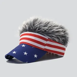 Funny American flag sun visor hat with grey wig hair for party and outdoor sports.