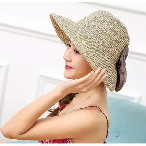 Women's summer woven sun hat with back bow, stylish foldable beach sunhat for travel outdoor.