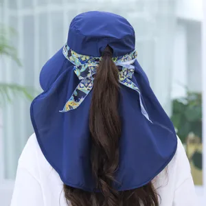 Womens summer sun hat with large brim and neck flap, outdoor UV protection ponytail visor.
