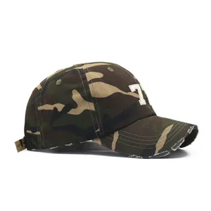 Distressed camouflage baseball cap with embroidered number patch for men and women couple fashion sun hat.
