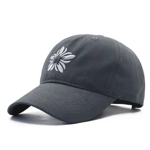 Berretto da baseball grigio scuro con ricamo di girasole bianco, cappello casual morbido.