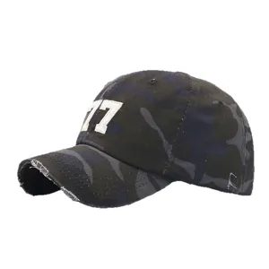 Distressed camouflage baseball cap with embroidered number 77 for men and women daily wear.