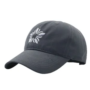 Cappellino da baseball ricamato con girasole grigio, cappello morbido per uso casual.