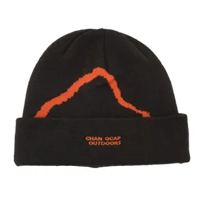 Detailed view of the embroidered mountain pattern and text on a black outdoor beanie.