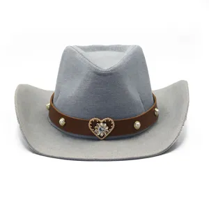 Grijze denim western cowboyhoed met bruine lederen band, parelnagels en strass gesp details.