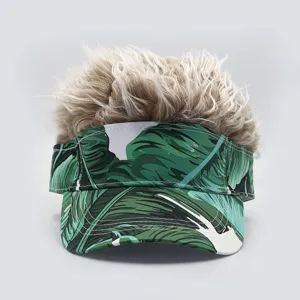 Casquette visière amusante avec faux cheveux et imprimé de feuilles tropicales pour l'été.