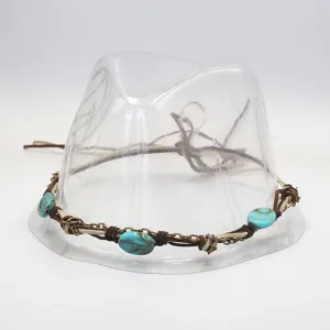 Vintage boho hat band with turquoise beads leather cord and metal chain detail for cowboy hat.