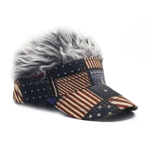 Casquette visière drapeau américain avec faux cheveux gris, casquette fantaisie streetwear.