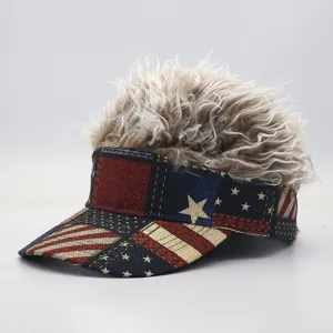 Casquette visière drapeau américain fantaisie avec faux cheveux, style de rue drôle.