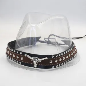 Handmade DIY vintage western cowboy hat band with metal bull head and rivets for hat decor.