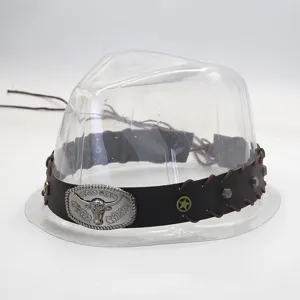 Vintage brown leather hat band detail with silver bull skull buckle and metal star studs.