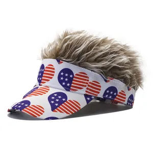 Funny USA flag heart pattern sun visor hat with short curly fake hair, perfect for party.